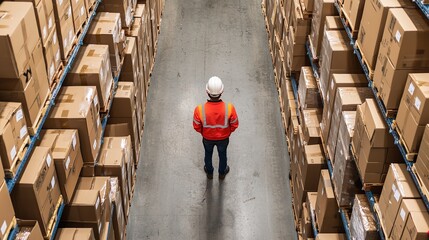 A warehouse worker stands amidst neatly stacked boxes, wearing safety gear and overseeing inventory in a spacious storage facility.