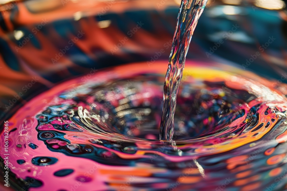 Fototapete A mesmerizing swirl of colorful liquid, creating a dynamic visual with intense contrasts and reflections, capturing motion and vibrancy in a single frame of fluidity.