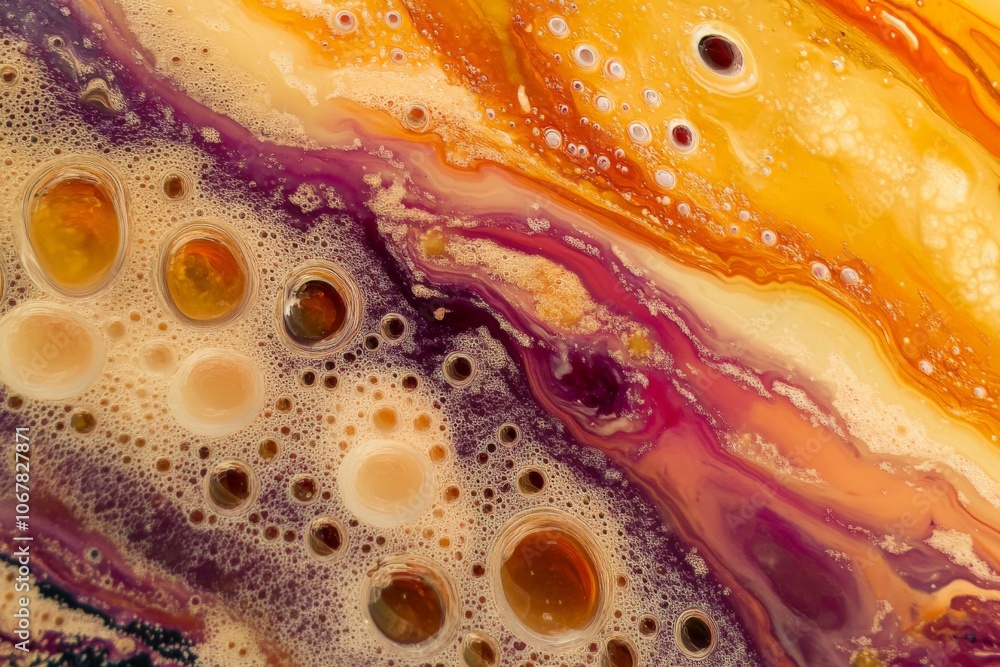 Aufkleber This is an abstract depiction of vibrant and colorful swirls interspersed with various sized bubbles, creatively mixing warm hues and dynamic textures.