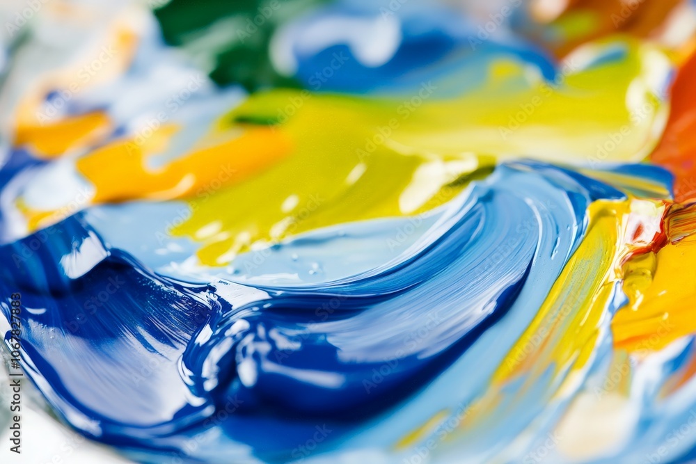 Poster A vivid display of colorful paint strokes mixed on a palette, representing creativity and artistic freedom, with colors flowing seamlessly into one another for expression.