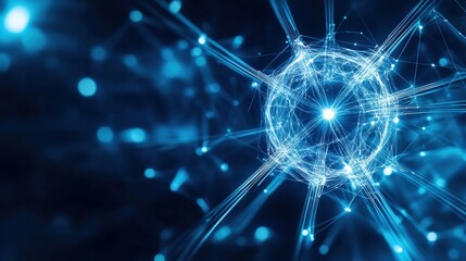 Fototapeta premium Abstract visualization of a glowing blue particle on a dark background.