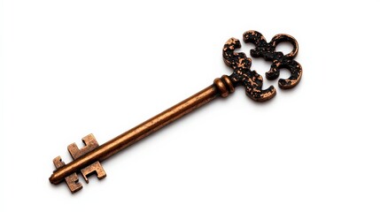 Antique decorative metal key isolated on white background.