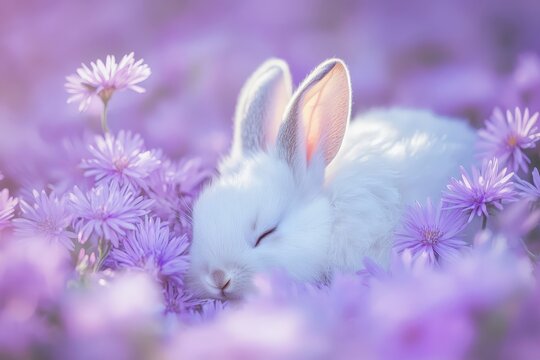 A serene white bunny snuggled among purple flowers, bathed in soft sunlight, capturing a peaceful moment of natural beauty and tender quietness.