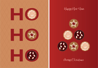 Holidays Fair cards, christmas cinnabon ginger cookies and hot chocolate with marshmallows in warm colors red beige lettering НО НО НО food tree great for bakeries cafes christmas sweets