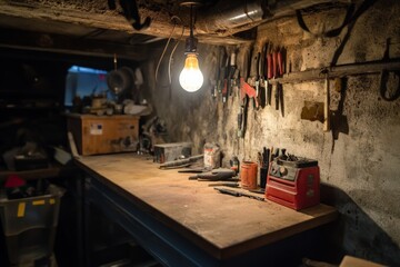 A dimly lit, atmospheric workshop corner cluttered with various tools on a wooden bench, evoking feelings of creativity and industriousness in a handcrafted environment.