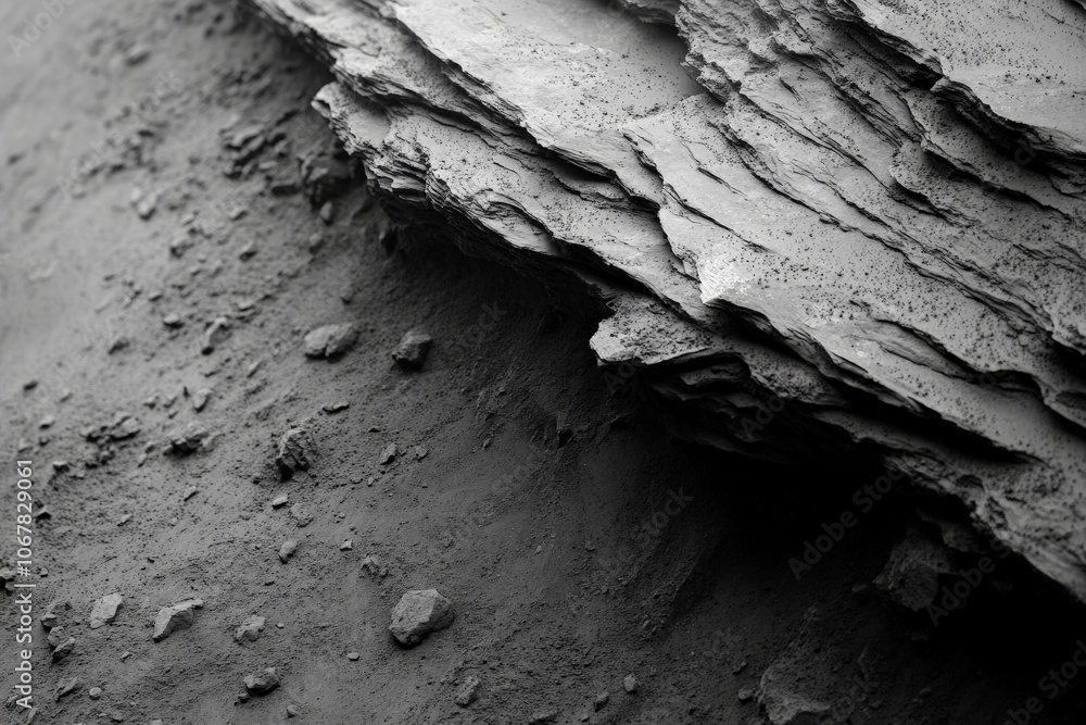 Poster This close-up shot captures the intricate details of weathered silicate rock layers, showcasing the natural texture and weathering patterns in a monochromatic palette.