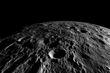 A heavily cratered celestial surface, marked by innumerable impact craters, sprawls out under a black sky, illustrating the scars of time and cosmic activity.