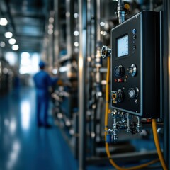 Control panel in a modern industrial facility with blurred operator in the background.