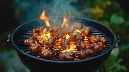 Closeup of grilled meatballs on a barbecue grill with flames.