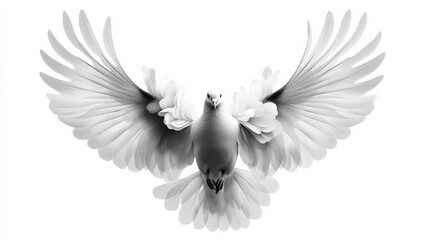 Obraz premium Dove with wings spread wide, white isolated background.