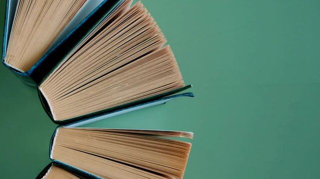 Reading of books. Knowledge and education. Books set top view with blue covers on green background. 