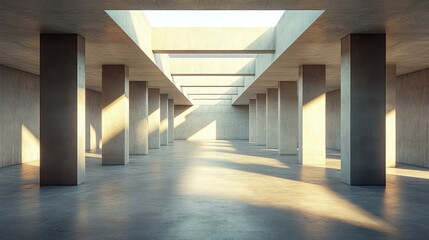 Obraz premium A spacious, minimalistic concrete interior featuring sleek columns and a stunning skylight that invites natural light.