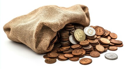 A money bag filled with Euro coins and cryptocurrencies, symbolizing financial wealth and smart investments.
