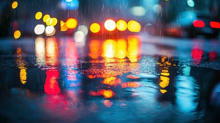 Naklejka premium A moody urban street at night, with puddles reflecting colorful city lights, creating a tranquil atmosphere.