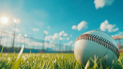 Classic american pastime, a baseball resting in lush green grass on sunny day closeup