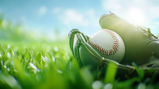 Closeup of a vintage baseball glove and ball resting on lush green grass, evoking the timeless spirit of the game.