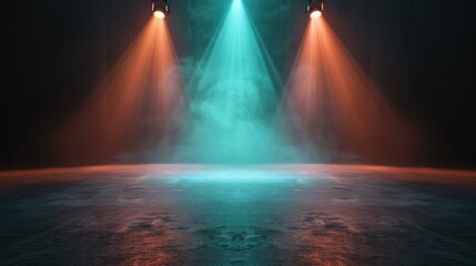 A stunning concert stage lit with vibrant spotlights, casting an enchanting glow with fog, and hues of orange and blue.