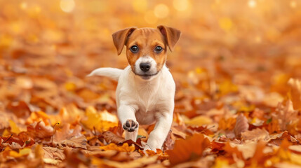 A playful Jack Russell Terrier bounds joyfully through vibrant autumn leaves, embodying the seasons spirit.