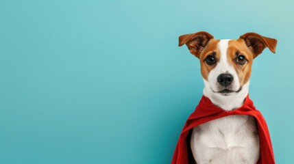 A fun dog dressed as a superhero stands proudly against a bright blue backdrop, perfect for pet lovers and comic fans.