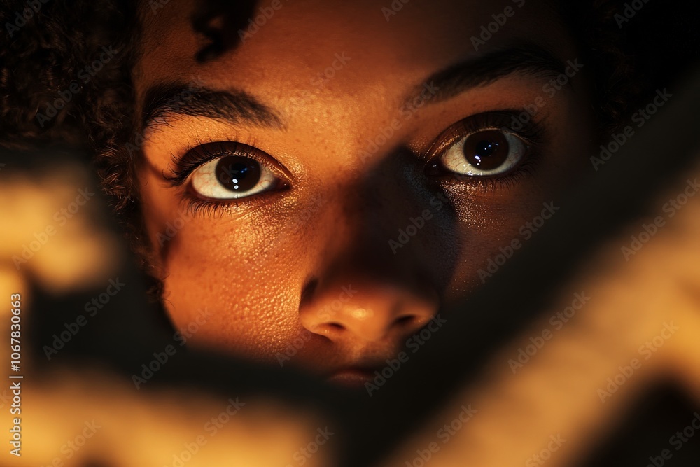 Poster A close-up view of a mysterious person's face offering an intense focus on the eyes, with dramatic shadows emphasizing depth and emotion in the frame.