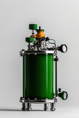 Green pressure vessel with gauges and valves on a white isolated background.