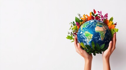 Hands holding a globe surrounded by colorful leaves on a white background.