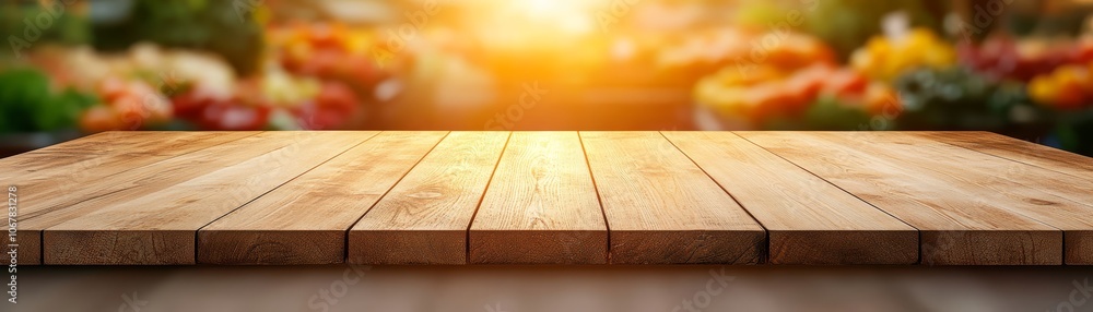 Poster rustic wooden table top with soft blurred background for display rustic