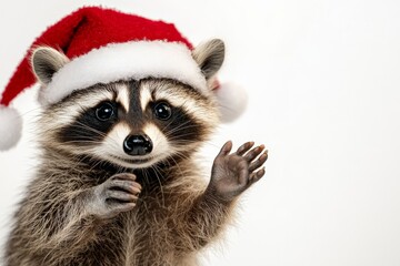Obraz premium A joyful image of a raccoon donning a Santa hat and waving happily against a clean white background, blending holiday cheer and playful charm into one frame.