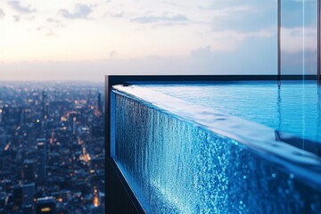 Fototapeta premium A modern infinity pool offers a breathtaking view of the bustling city skyline during the serene sunset, merging urban landscape with luxury and relaxation.