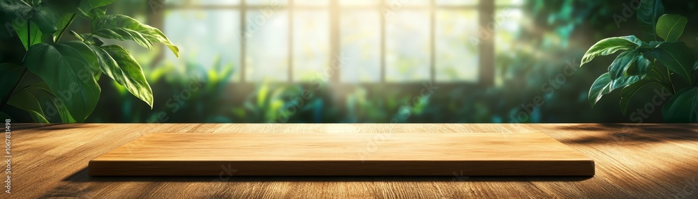 Poster rustic wooden table top with soft blurred background for product or design showcase