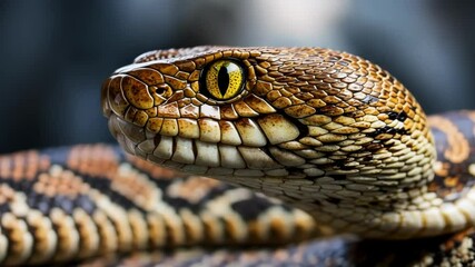 A captivating close up of a snake, revealing its intricate scales and striking eyes, emphasizing wildlife and nature's beauty