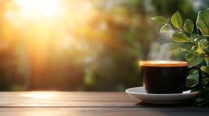 Obraz premium Steaming cup of coffee on a wooden table, perfect for cozy and relaxing break.