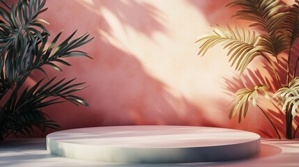 A minimalist setup featuring a circular platform against a pastel pink wall adorned with lush green plants in soft afternoon light
