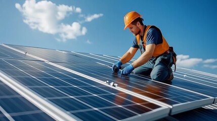 Technician inspecting solar panels installed on a modern home's roof. AI generated