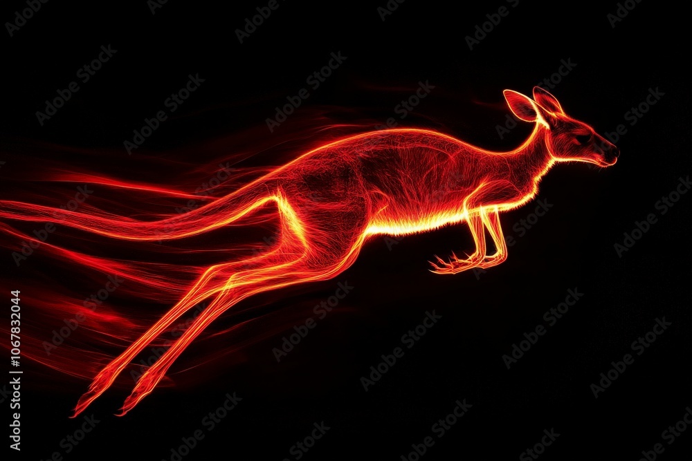 Poster a striking image of a neon-enhanced kangaroo gracefully sprinting across a black backdrop, exhibitin