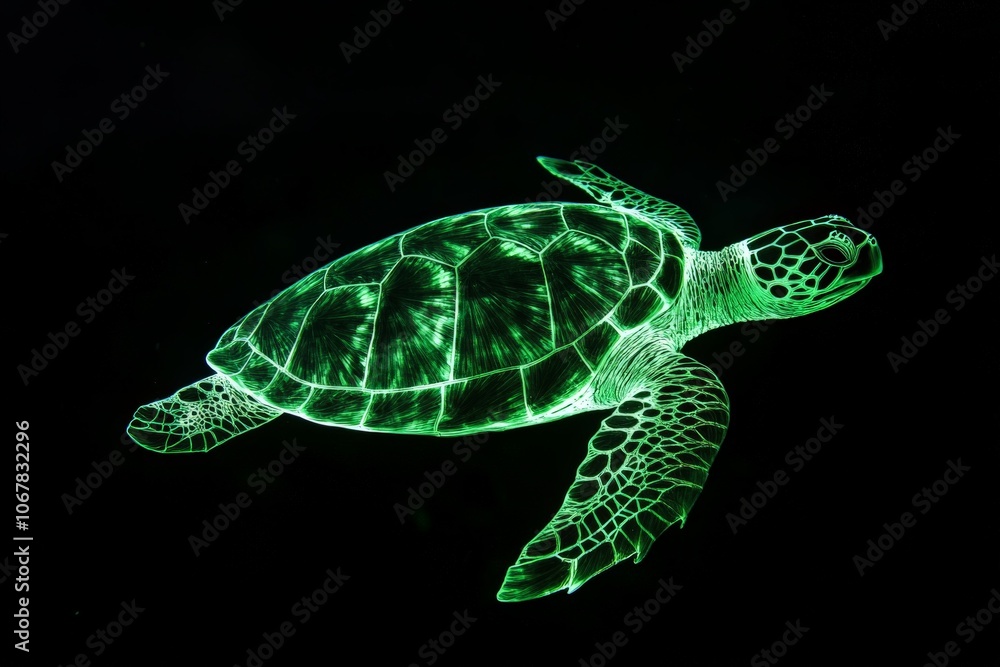 Poster an exquisite image of a turtle highlighted in luminous green, floating peacefully in the vast expans