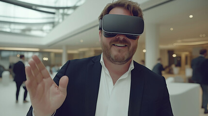Businessman using virtual reality glasses in technology exhibition hall