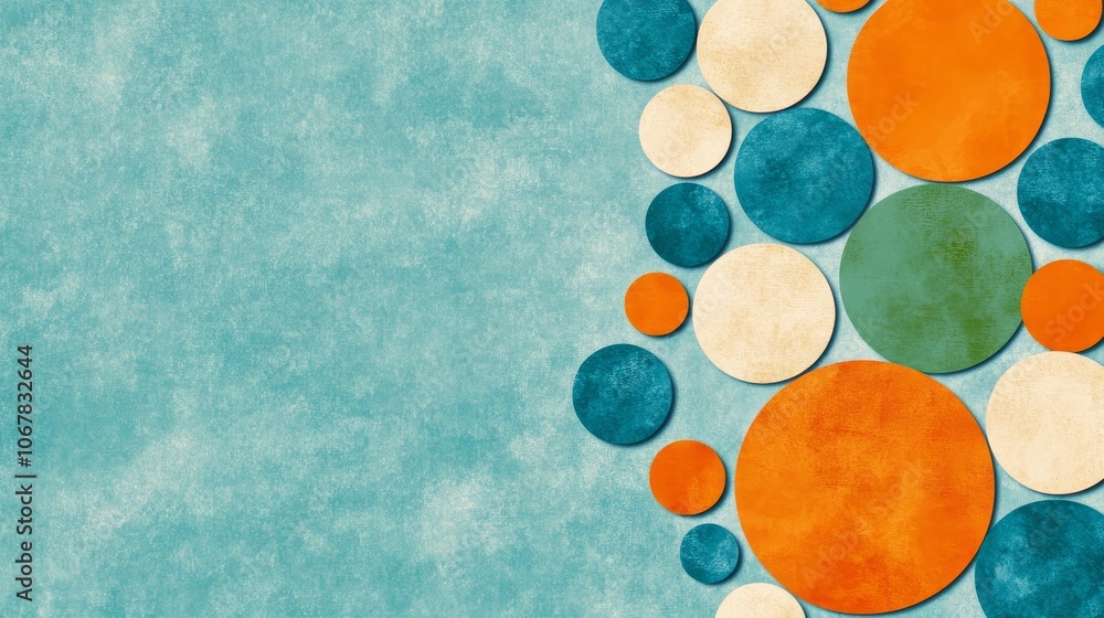 Poster dynamic interplay of orange and green circles on a vibrant blue background, creating an abstract vis