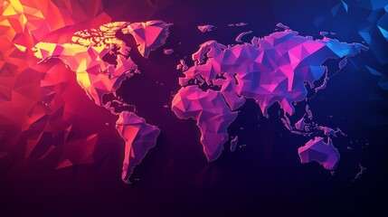 Illuminated polygonal world map radiates on a dark gradient background. AI generated