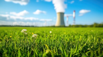 Nuclear power plant emitting steam, wide green field in focus