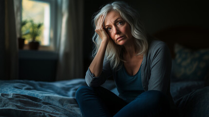 Obraz premium Middle-aged woman sitting on her bed with an anxious expression, hands holding her head in distress, subtle light filtering through the window, capturing a moment of worry and introspection. 