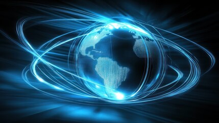 Obraz premium A glowing blue globe surrounded by light streaks on a black background.