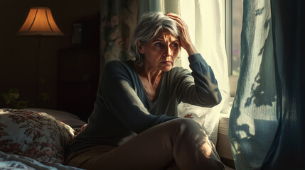 Fototapeta premium Middle-aged woman sitting on her bed with an anxious expression, hands holding her head in distress, subtle light filtering through the window, capturing a moment of worry and introspection. 