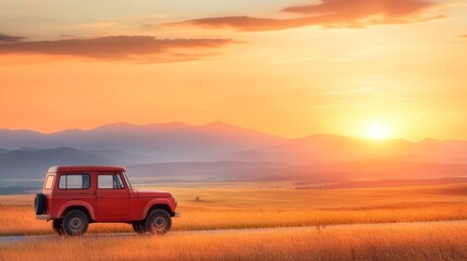 Fototapeta premium Vivid red truck parked peacefully in a vast, grassy field under bright, open sky.