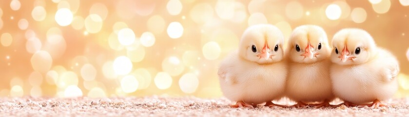 Three adorable baby chicks snuggling together on a soft, cozy blanket 