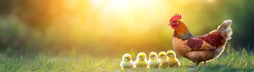 Fototapeta premium Mother hen and her chicks, a heartwarming scene of chicken family foraging in lush green grass