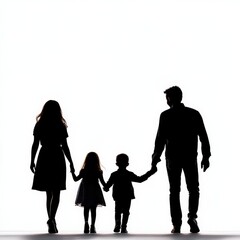 Silhouetted family holding hands against a white isolated background.