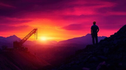 Fototapeta premium Silhouette of a worker observing a vibrant sunset in the mining industry.