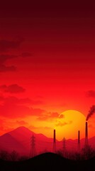Fototapeta premium Silhouette of factories against a vibrant red sunset sky with mountains in the background.