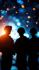 Silhouetted soldiers against a vibrant blue and orange bokeh background
